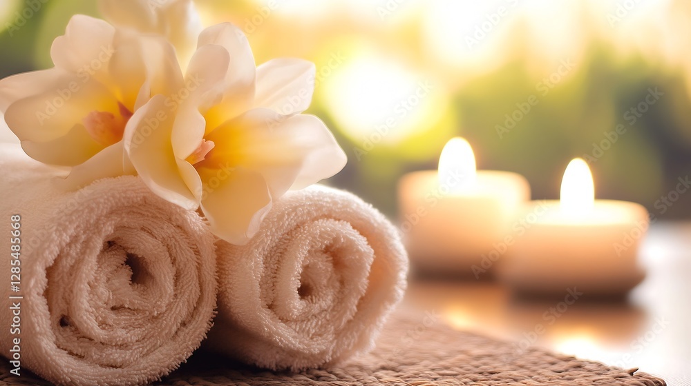 Poster spa setting with rolled towels and decorative flower in warm ambient light : generative ai