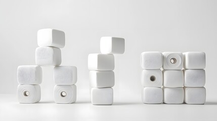 Stacked paper rolls arranged in a minimalist geometric pattern against a clean bright white background  The simple industrial texture and pattern creates a modern elegant