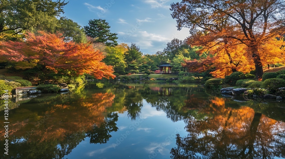 Poster serene autumn landscape with colorful trees reflected in calm lake and blue sky : generative ai