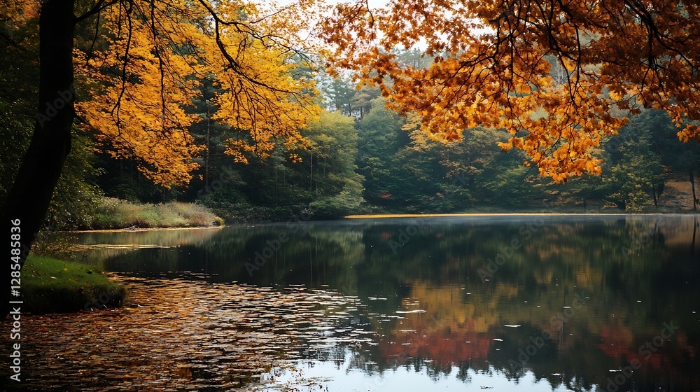 Poster Autumn Scene with Calm Lake Surrounded by Colorful Fall Foliage in Tranquil Atmosphere : Generative AI