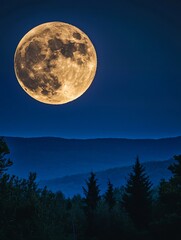 Majestic Full Moon Over Hills Captured Against a Deep Blue Night Sky Creating a Stunning Night View : Generative AI