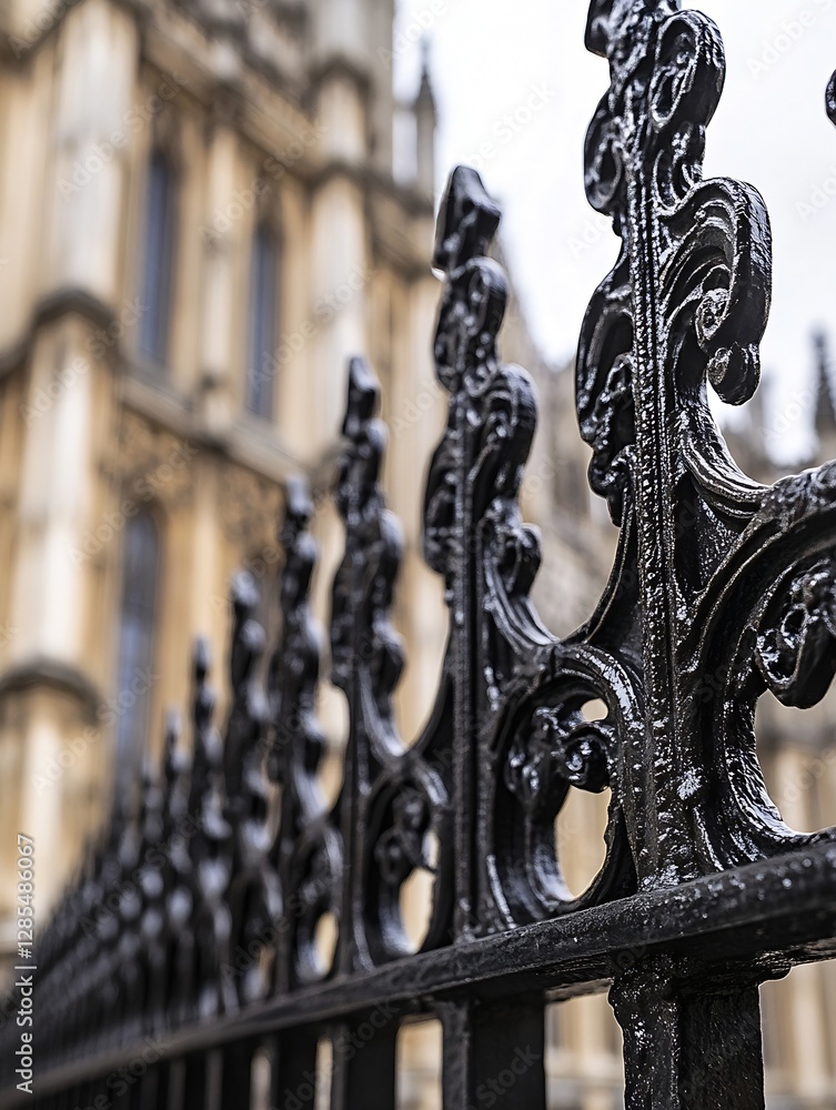 Poster intricate close-up image of a black wrought iron fence highlighting its elegant design and architect