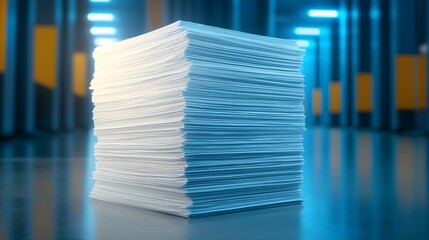 A tall stack of paper documents placed in a modern, futuristic office environment with blue lighting, symbolizing bureaucracy, paperwork, and data overload.