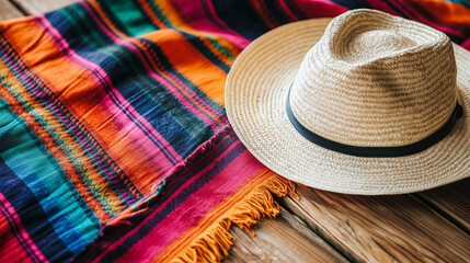 Straw hat on a colorful woven blanket, evoking a vibrant and relaxed summer vibe in a rustic wooden setting.