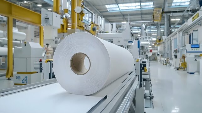 Time lapse footage of a continuous paper roll being fed into a machine and gradually shrinking in size as it moves through the automated production line in a modern industrial factory setting