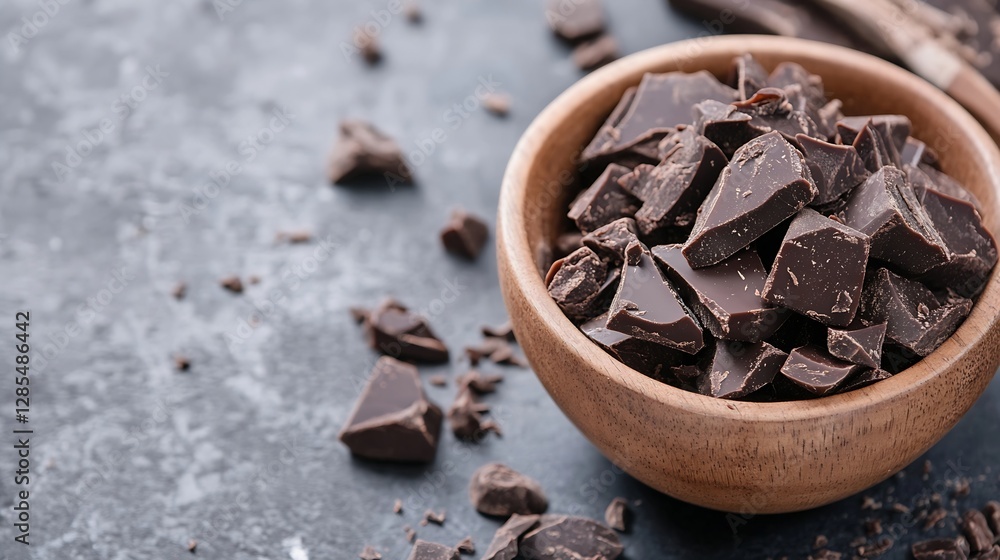 Poster delicious dark chocolate chunks in a wooden bowl on a rustic background ready for baking or snacking