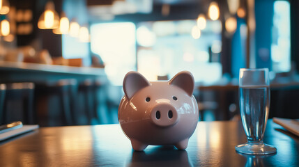 Obraz premium A pink piggy bank sits on a table in a softly lit cafe, symbolizing savings and financial planning.