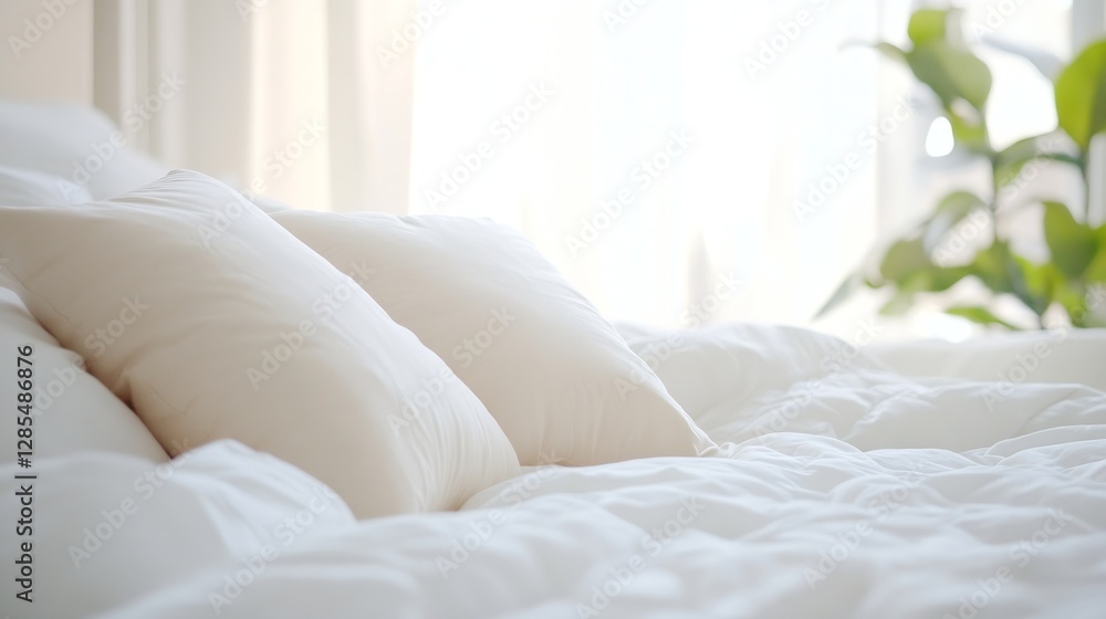 Poster cozy white bedding with plush pillows and natural light casting soft shadows : generative ai