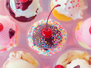 Colorful ice cream scoops topped with cherries and sprinkles in a vibrant arrangement.