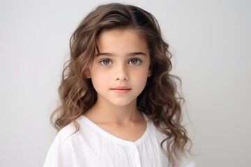Fototapeta premium portrait of a beautiful little girl with long curly hair on a gray background