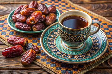 Aromatic coffee in an ornate cup served with fresh dates on a rustic wooden table.