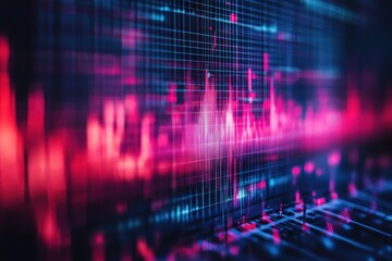 Fototapeta premium Audio waveform analysis showcasing vibrant red and blue colors with intricate data patterns on display, Audio Waveform Analysis Red