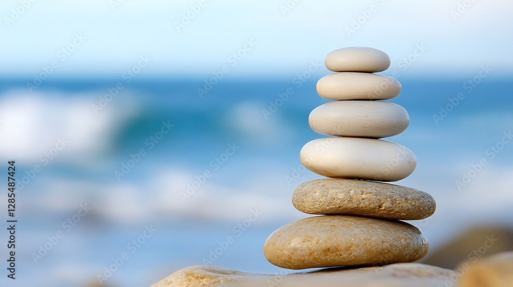 Poster Balanced Stacked Stones on a Beach with Gentle Waves in Background for Serenity : Generative AI