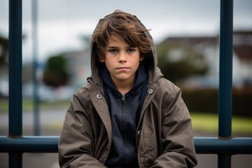 Obraz premium Portrait of a sad boy sitting on a playground in the rain.