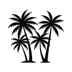 Silhouette of three palm trees against a white background.
