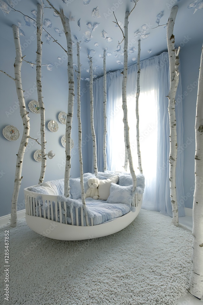 Poster Cozy Blue Nursery Design Featuring Birch Tree Elements and Plush Textiles for a Serene Atmosphere : Generative AI