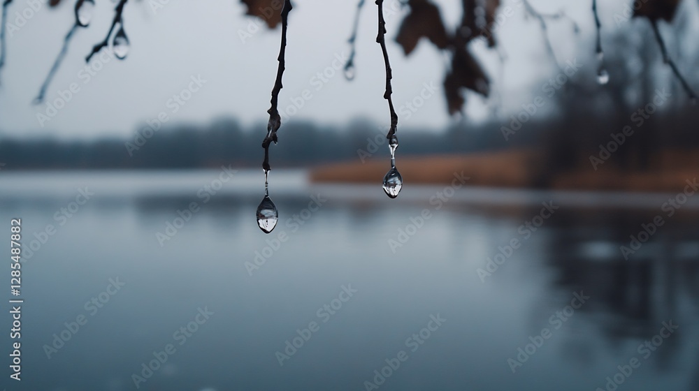 Poster Raindrops on Branches Above a Calm Lake Creating a Melancholic Yet Serene Atmosphere for Nature Lovers : Generative AI