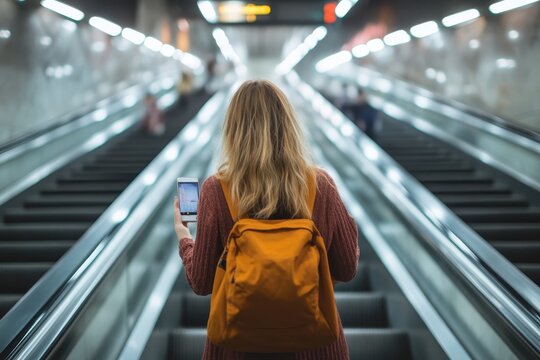 Young woman using smartphone while descending an escalator in a transit station during the day, young woman with a smartphone standing on an escalator in the subway