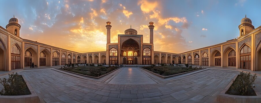 Panorama of Jameh Mosque of Semnan at sunset under cloudy sky