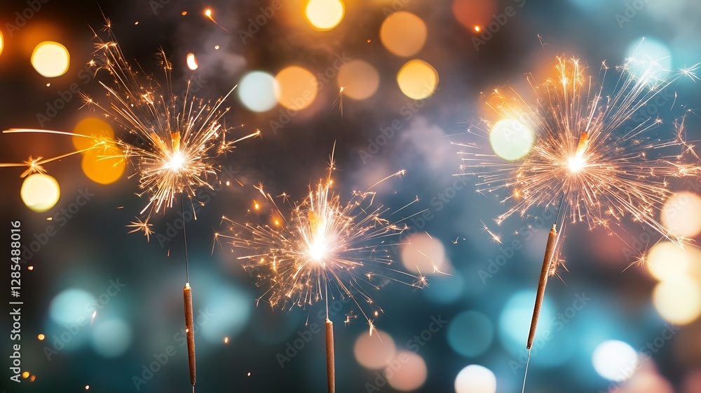 Poster colorful sparkler fireworks lighting up the night sky with a magical bokeh background : generative a