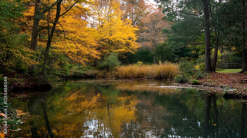 Poster serene reflection of colorful autumn foliage beside a tranquil pond in a picturesque natural setting