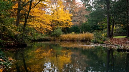 Serene reflection of colorful autumn foliage beside a tranquil pond in a picturesque natural setting : Generative AI