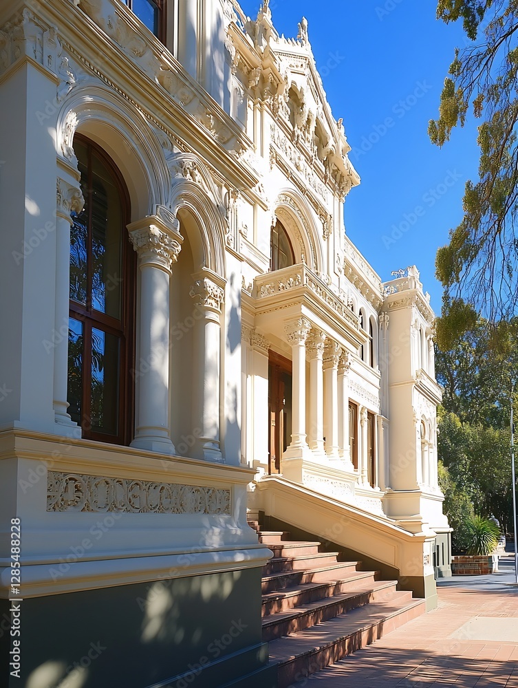 Poster beautiful ornate architecture of a historic building with intricate details and vibrant blue sky : g