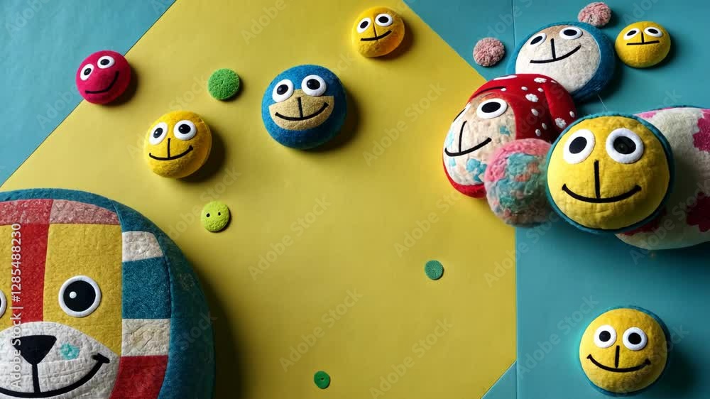 Poster a bunch of smiling faces are on a blue background. some of the faces are yellow and some are red