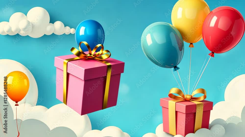 Poster A box with a red ribbon on top of a cloud. There are three balloons in the air