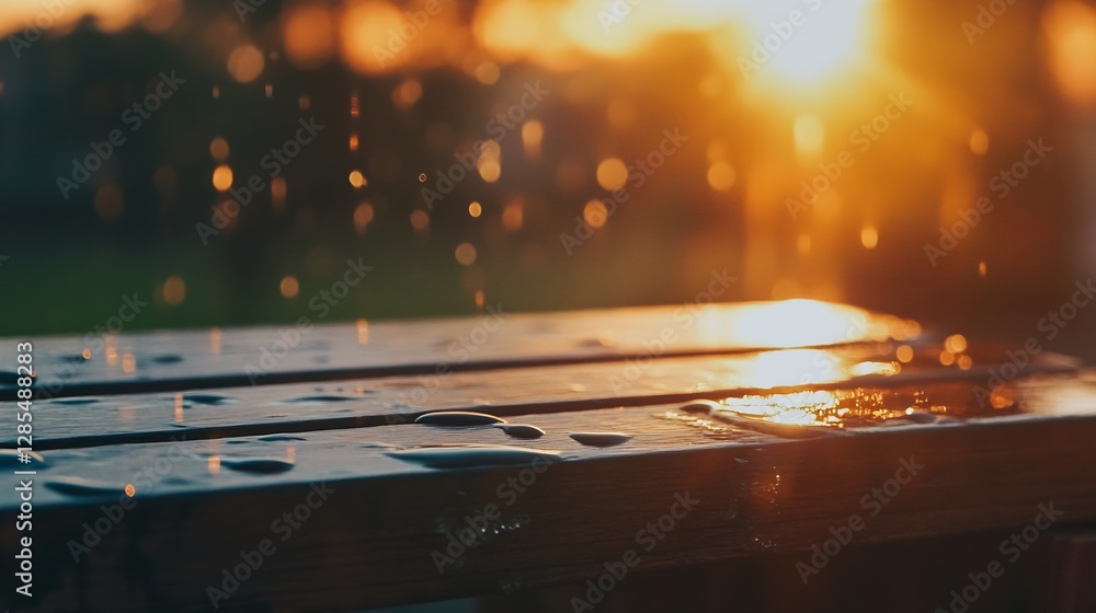 Aufkleber dew drops on wooden surface at sunset creating a dreamy atmosphere : generative ai