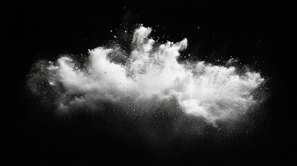 Fine and intricate white dust explosion, airy and dynamic, set against a clean black backdrop