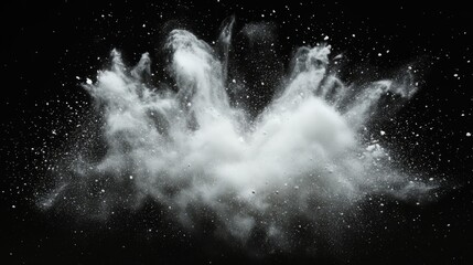 Fine and subtle white powder explosion, soft layers of dust expanding outward on a black backdrop