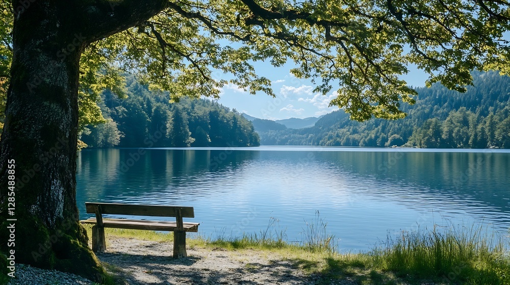 Poster scenic view of a peaceful lake surrounded by mountains and a cozy bench for relaxation : generative 