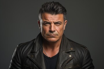Fototapeta premium Portrait of a serious mature man in leather jacket over grey background.