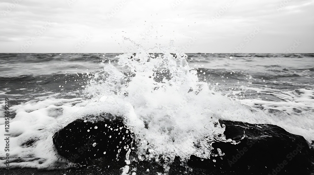 Poster dynamic splashing waves over dark rocks at shoreline in black and white photography : generative ai