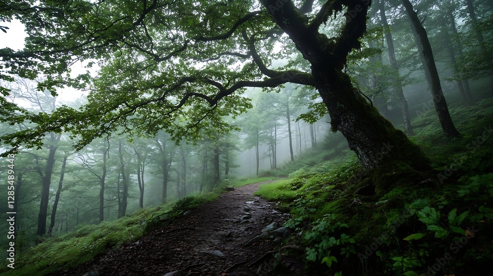 Poster mysterious foggy forest path surrounded by lush green trees : generative ai