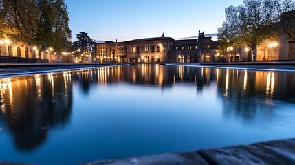 Obraz premium Captivating Night View of Historic Building Reflected in Calm Water : Generative AI
