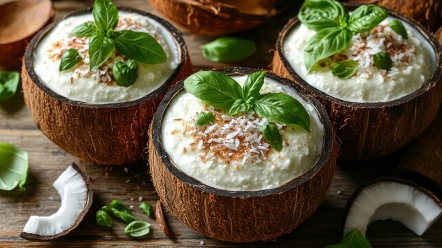 Coconut bowls filled with dessert, garnished with basil, on wooden table