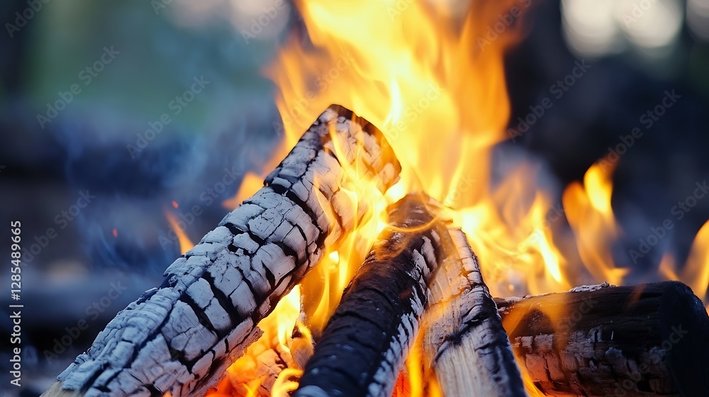 Poster captivating flames erupting from a charcoal firewood in a serene outdoor setting : generative ai