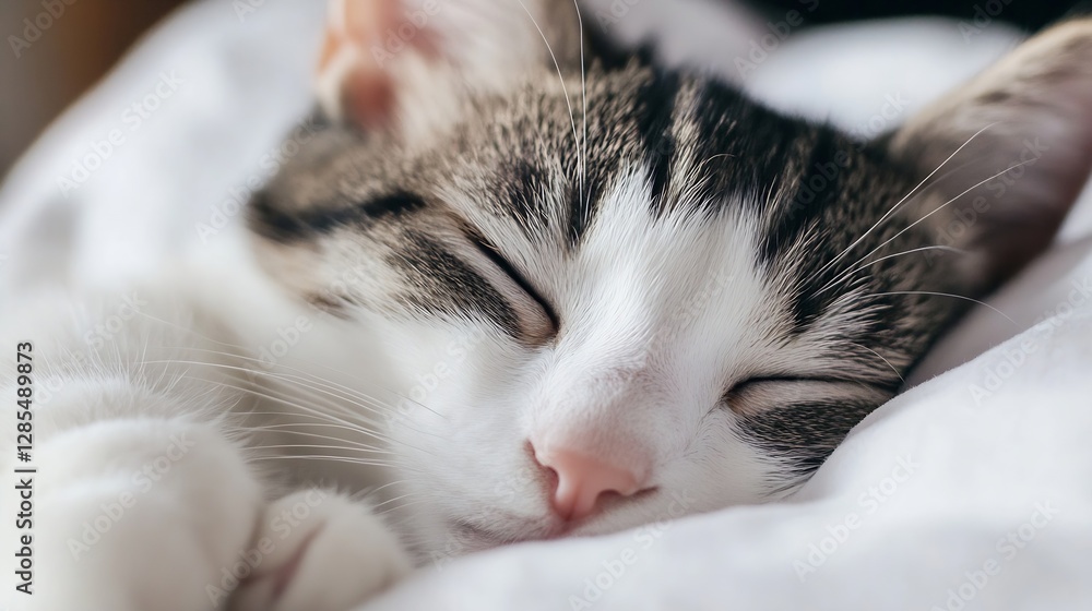 Poster adorable sleeping cat peacefully napping on cozy white bedding with serene expression : generative a