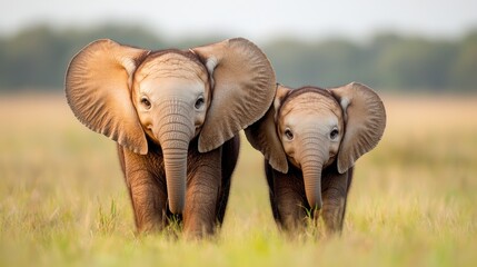 Two baby elephants in grassy field, sunrise.  Use Wildlife poster