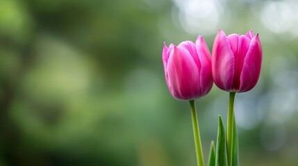 Fototapeta premium Vibrant pink tulips standing tall against a blurred green background in a fresh spring setting : Generative AI