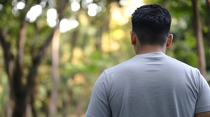 Man Enjoying Peaceful Moment in Nature While Facing Beautiful Green Forest : Generative AI