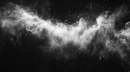 Gentle white powder blast, soft particles expanding slowly in a dark black minimalist space