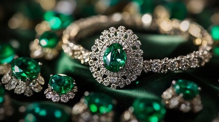 Luxury emerald jewelry with intricate design showcasing elegance and sparkle in a stunning arrangement : Generative AI