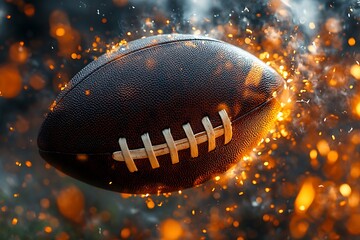 Oval leather American football ball on fire.