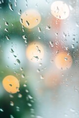Raindrops on Glass with Blurred Colorful Lights in Background Capturing a Rainy Mood : Generative AI