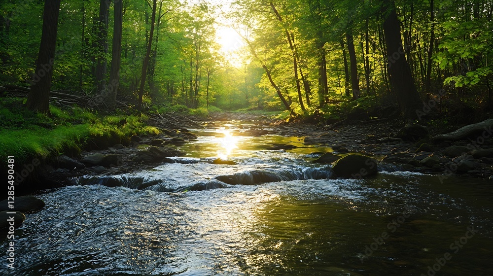 Poster serene river flowing through lush green forest with sunlight reflections : generative ai