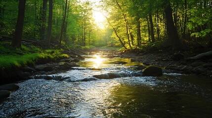 Fototapeta premium Serene River Flowing Through Lush Green Forest with Sunlight Reflections : Generative AI