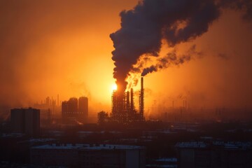 Obraz premium Industrial skyline at sunset with smoke and buildings